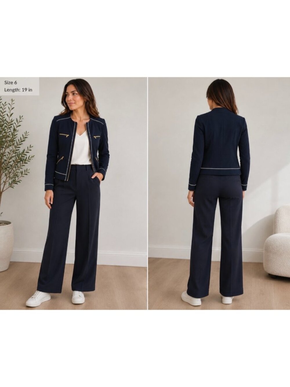 Cache Navy Stretch Knit Zip Front Jacket White Trim Women’s Size 6 NWT